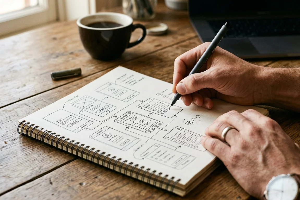 Designer sketching concepts and flows for a new digital product, translating research insights into interfaces
