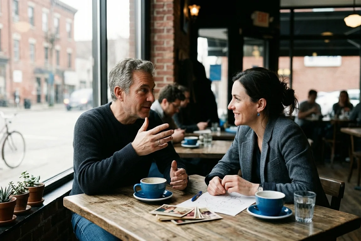 Researcher in conversation during a user interview, listening to understand goals and pain points
