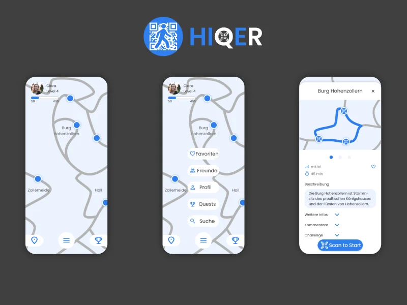 HIQER home screen showing the trail map with nearby cultural points of interest