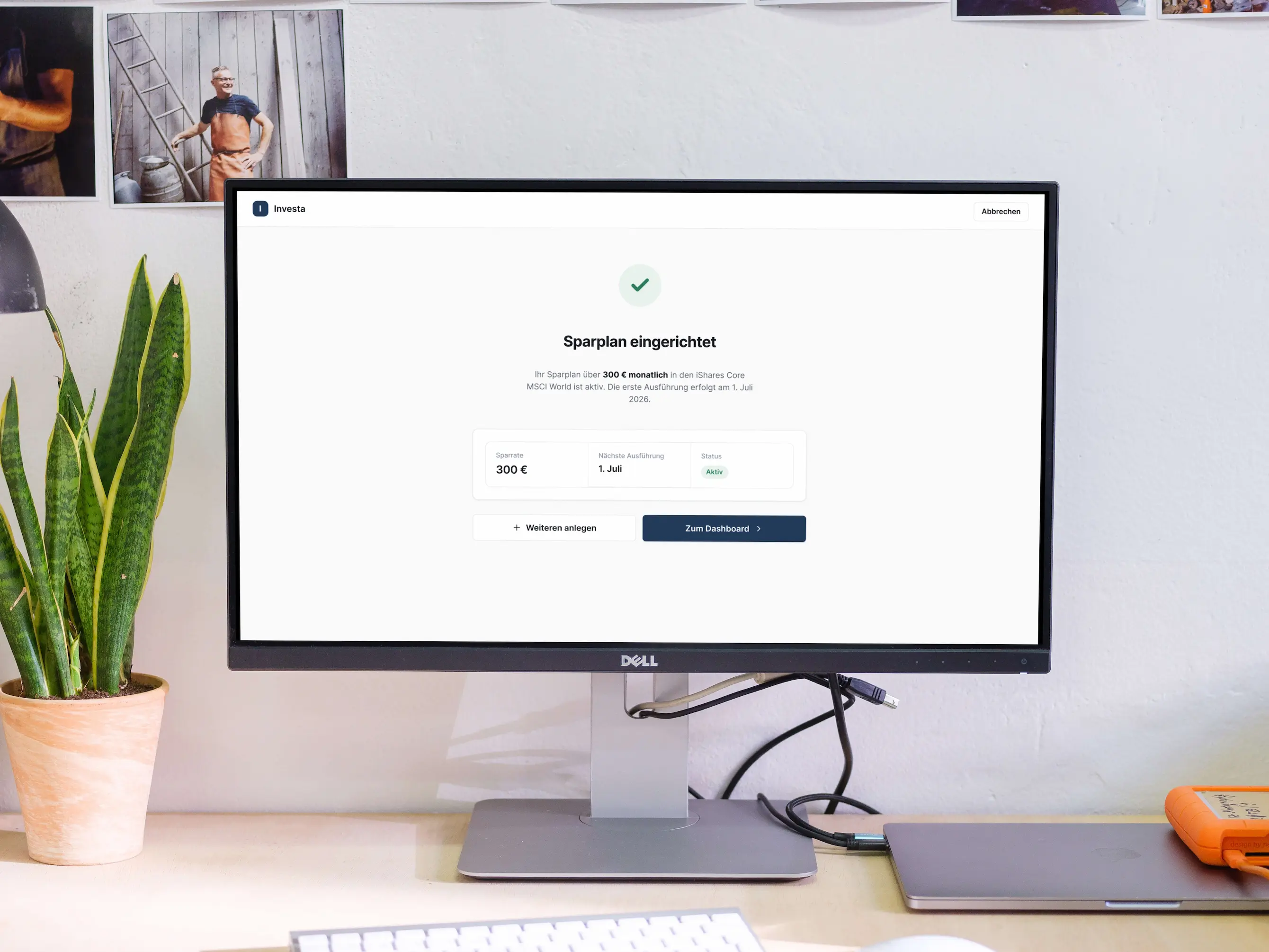 Savings plan setup — success confirmation screen