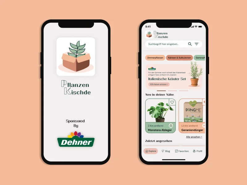 Pflanzen Kischde home screen showing the local feed with nearby plant listings sorted by category and distance